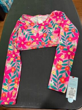 Kids Floral Long-Sleeve Swim Top - Pink Multi size medium